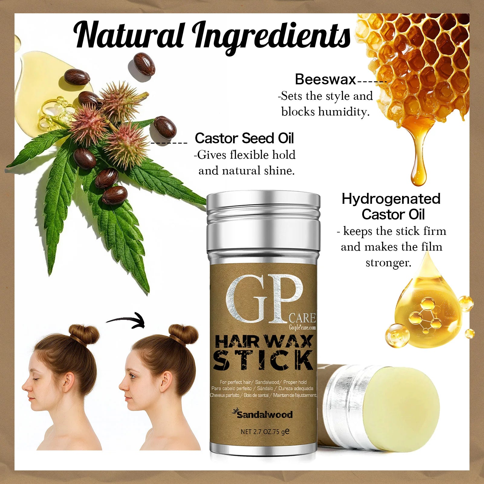 Women Hair Wax Stick All Day Hold Frizz Control Styling Gel Non-Greasy Tame Flyaways Slick Stick For Baby Hair Pomade with Brush